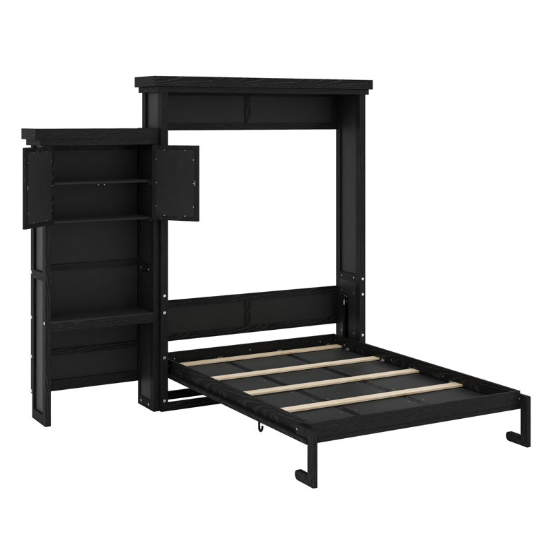 Lit escamotable polyvalent pour chambre d'amis avec tablettes de rangement et décoration élégante à persiennes