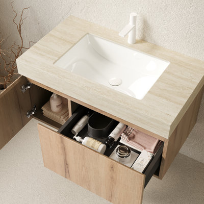 Meuble-lavabo 36 po, rangement en contreplaqué flottant, comptoir en pierre à motif, lavabo en céramique, tiroir et porte, armoire frittée, foyer