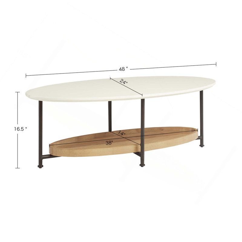 Modern 2-Tiers Wooden Coffee Table with Shelf and Metal Base, Assembly Required
