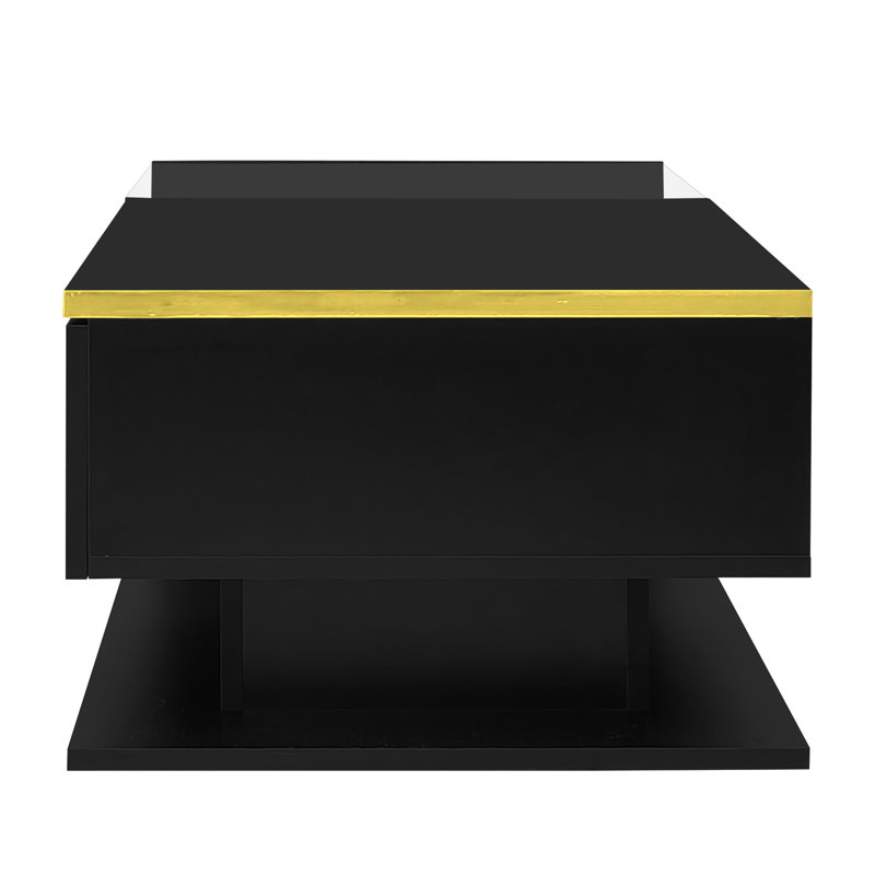 Modern Led Coffee Table - High-Gloss With Tempered Glass Top & Bluetooth Lighting (90X50Cm), Black