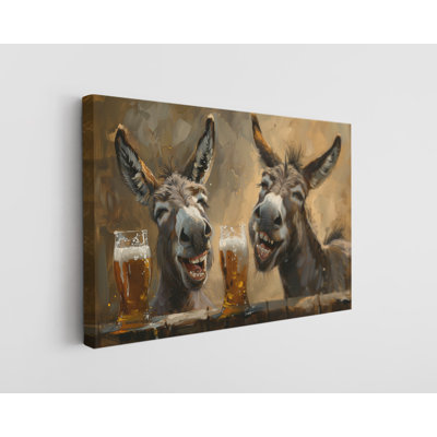 Two Donkeys with Beer Canvas Print, Modern Wall Art Decor for Home & Office, Painting Reproduction