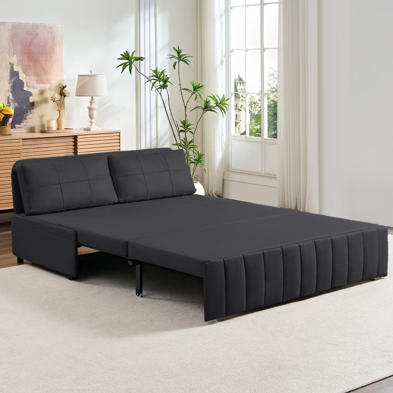  Ebern Designs Small Loveseat 3-in-1 Pull-Out Sleeper Sofa Bed with Throw Pillows, Dark Gray