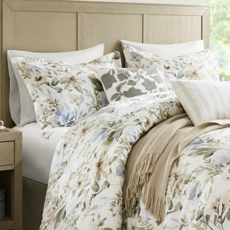 Édredon 6 pièces en coton avec imprimé floral sophistiqué, coton tissé 300tc, rembourrage doux en nuage 300 g / m², literie assortie, couvre-oreillers à bride et coussins décoratifs à motif naturel