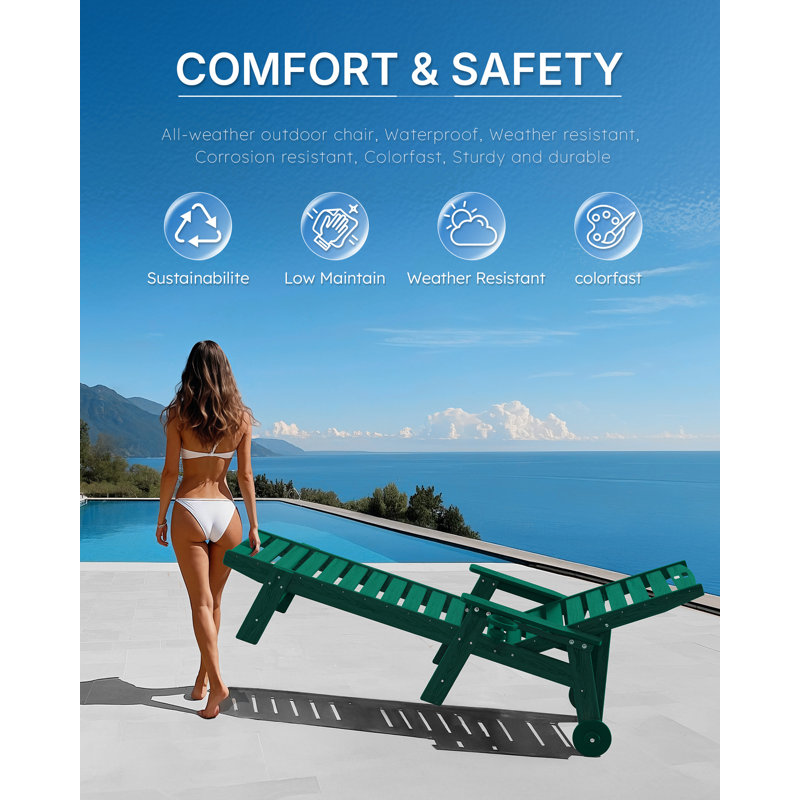 Chaise Lounge Chair Outdoor with Wheels, Oversize Patio Lounge Chairs with Wood Texture, 6-Position Plastic Lounge Chairs for Poolside, Patio, Deck, Beach