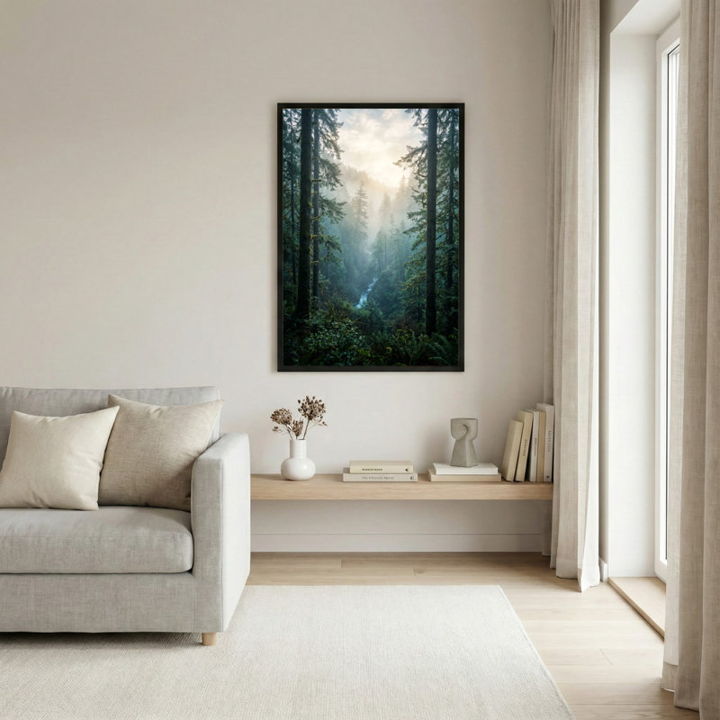 Art mural sur toile noir encadré pour le salon, la chambre à coucher, le bureau ou le vestibule - décoration murale décorative avec brume de forêt