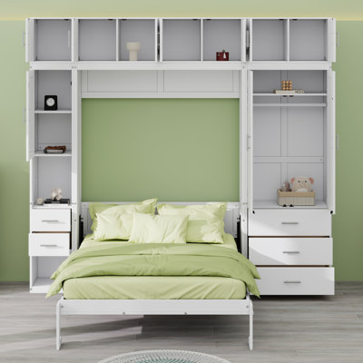 Foldable Platform Bedframe Cabinet With Lockers And Shelved Storage Wardrobes