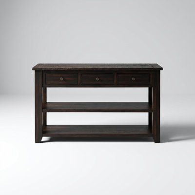 Solid Pine Wood Console Table with Distressed Top, Three Drawers, and Two Shelves