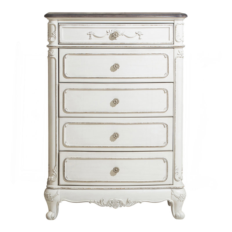 Commode de style victorien à finition blanche et chêne antique avec 5 tiroirs 1 pièce