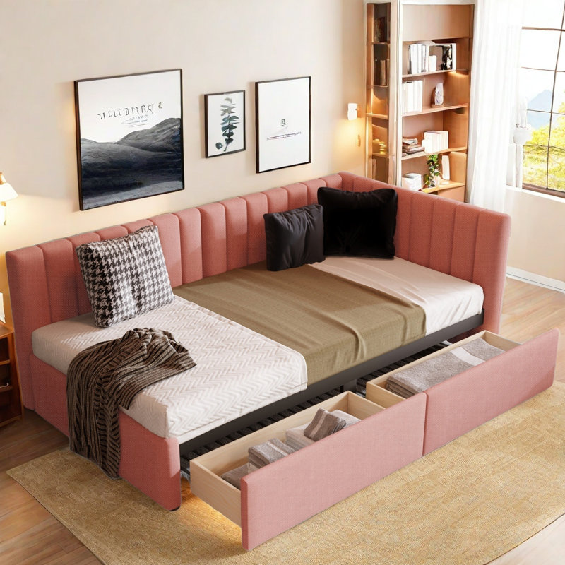Barfleur Upholstered Daybed with 2 Storage Drawers, Twin, Pink