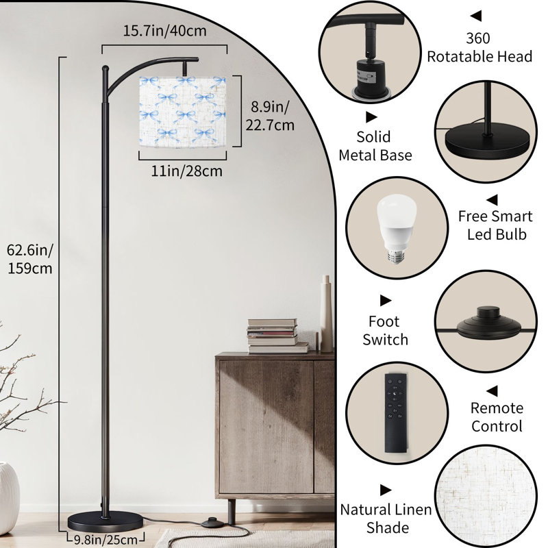  Lampe sur pied à arc avec bordure en satin sans couture et arcs en soie bleue haute répétée Lampe sur pied moderne en lin réglable à 3 couleurs