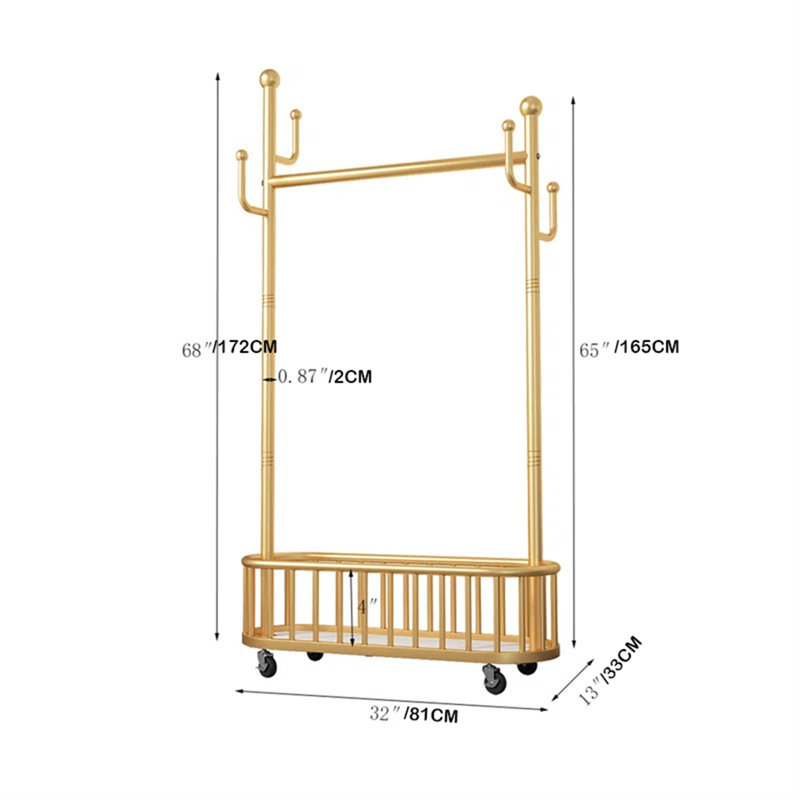 Portant à vêtements 32 po en métal doré avec roues verrouillables et panier de rangement inférieur, idéal pour un usage domestique et commercial dans le couloir, la chambre à coucher, le salon, le balcon, le bureau