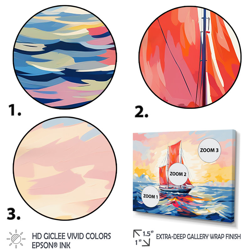 Coucher de soleil sur un bateau à voile III - bateau à voile, art mural, Cadre flottant brun, H 16 po x l 32 po x P 1 po