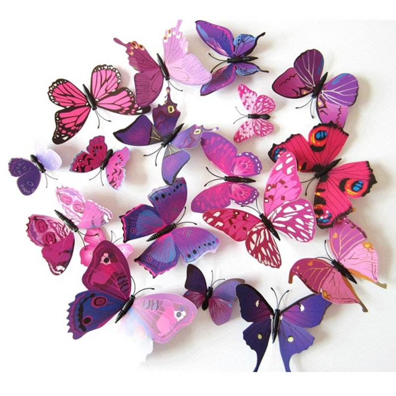 TRIXES 3D Butterfly Wall Decorations – 12 Pack - Purple/Pink - Magnetic & Adhesive – Assorted Sizes