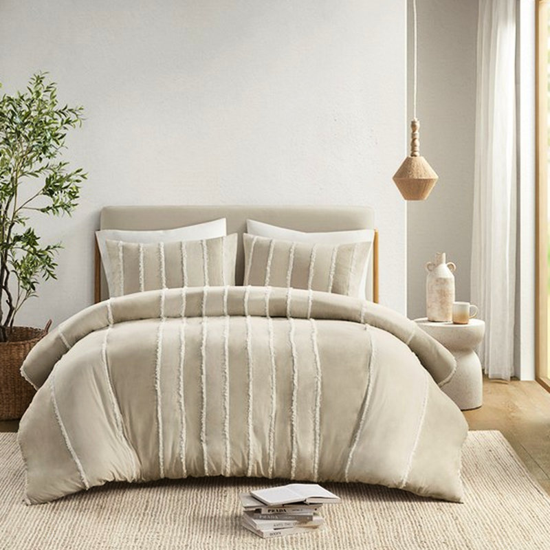 Literie en coton rayé multicolore pour lit double / grand lit avec garniture contrastante et fermeture à boutons 3 pièces