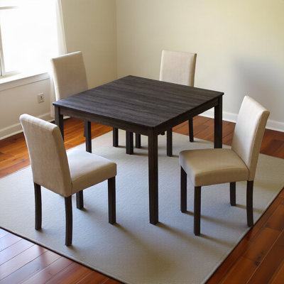 Ensemble de salle à manger 5 pièces pour 4 personnes, table de cuisine carrée de 99 cm avec 4 chaises en tissu, ensemble repas compact et peu encombrant, idéal pour les petits espaces en appartement, noir antique et beige