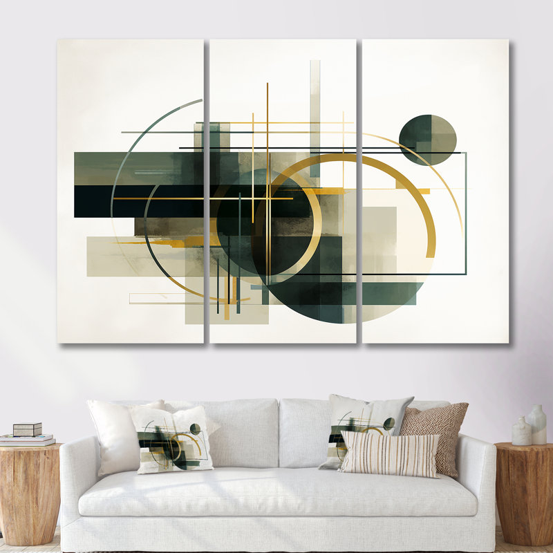 Ensemble de salon Emerald Gold Retro Geometrics - Minimalisme, Toile tendue, 40" H x 60" W x 1" D