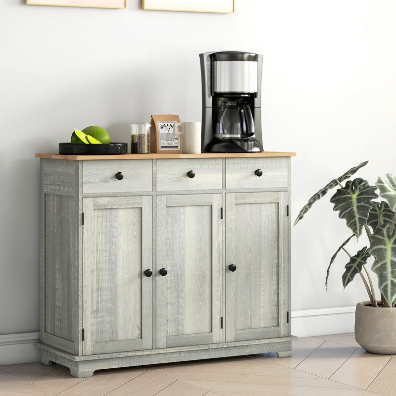 Buffet de rangement gris - Armoire moderne avec 3 tiroirs, tablette réglable et portes pour portes de cuisine organisées