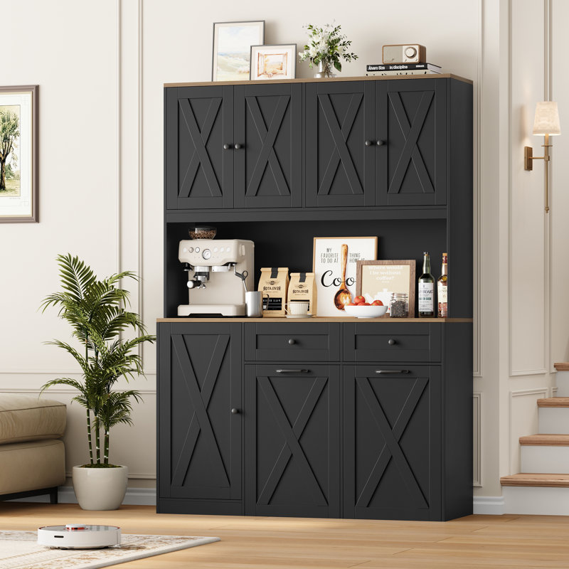 Large Capacity Push-Pull Trash Can Cabinet With Microwave Shelf,Free Standing Kitchen Storage Cabinet, Black