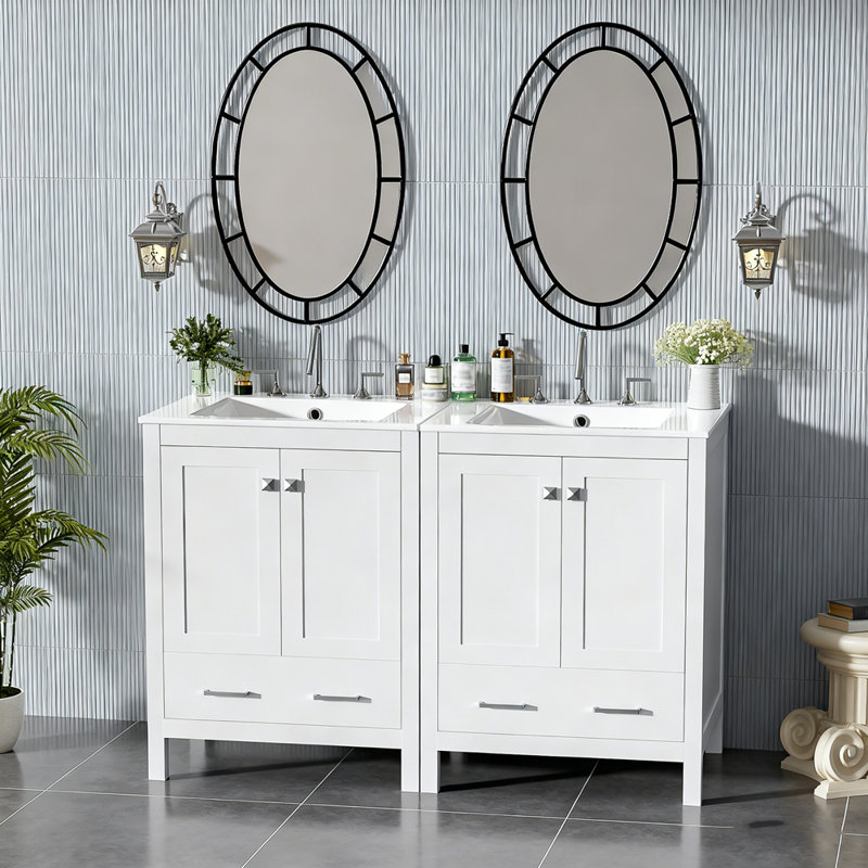 Meuble-lavabo de salle de bain avec lavabo encastré intégré avec tiroir divisé et tablette de porte à double couche, Blanc