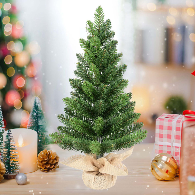 Ensemble de 2 arbres de Noël de table, petits arbres verts artificiels en PVC de 2 pi avec 68 pointes chacun, base en ciment enveloppée de toile de jute, parfaite pour les petites décorations des Fêtes et peu encombrante
