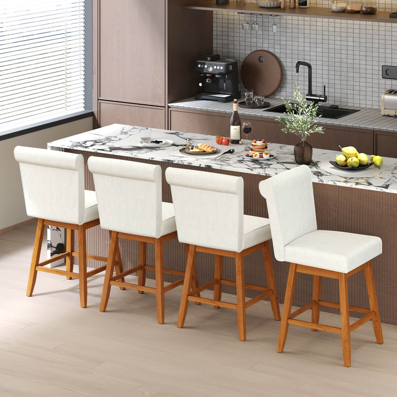 Chaises de bar 27 po avec pieds en bois d'hévéa, Siège beige / structure brune, 2
