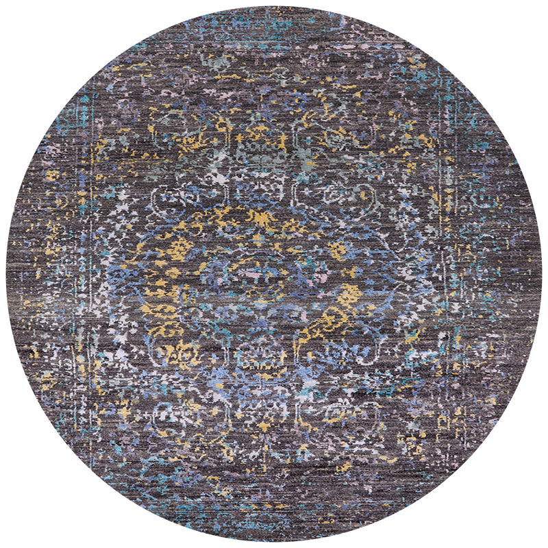 Tapis oriental noir / bleu / jaune, Rond 6 pi