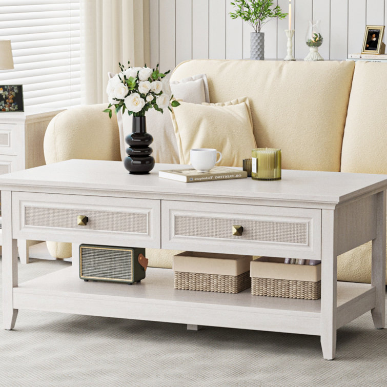 Raby 44" Boho Coffee Table with 2 Natural Rattan Drawers and Storage
