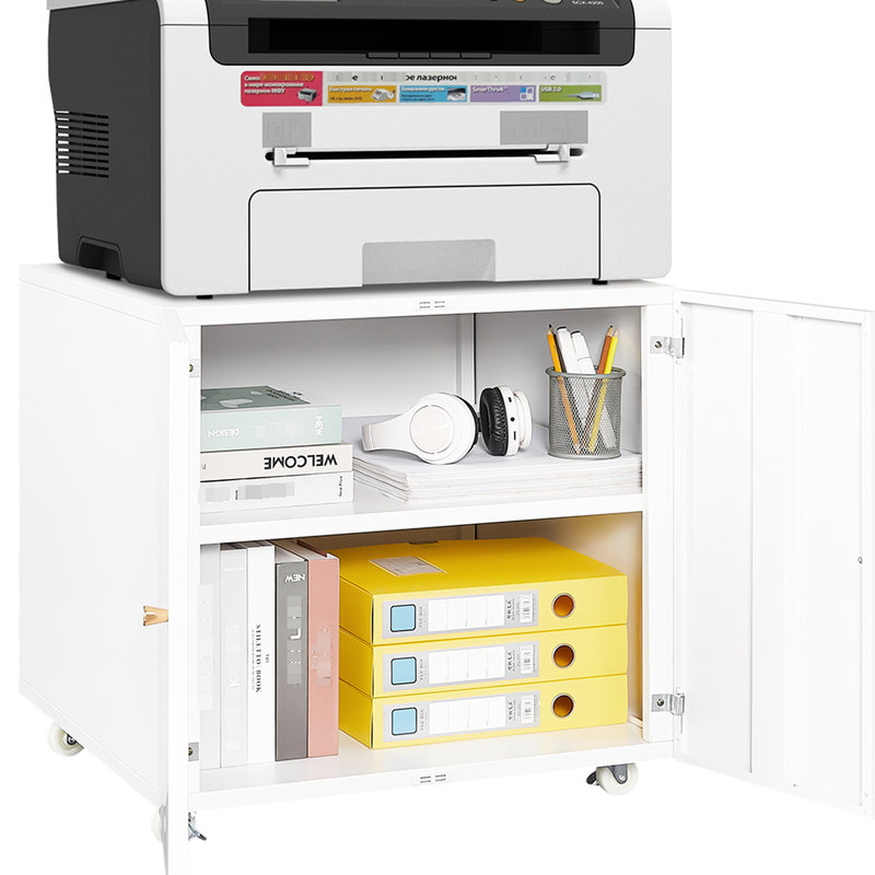 White Metal Office File Cabinet With Adjustable Partition & 360 Rotation Wheels Mobile Storage -, White
