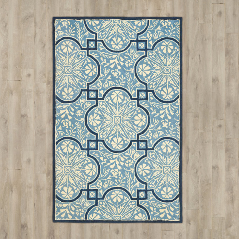 Tapis bleu / ivoire touffeté à la main French French, Rectangle 5 pi x 8 pi