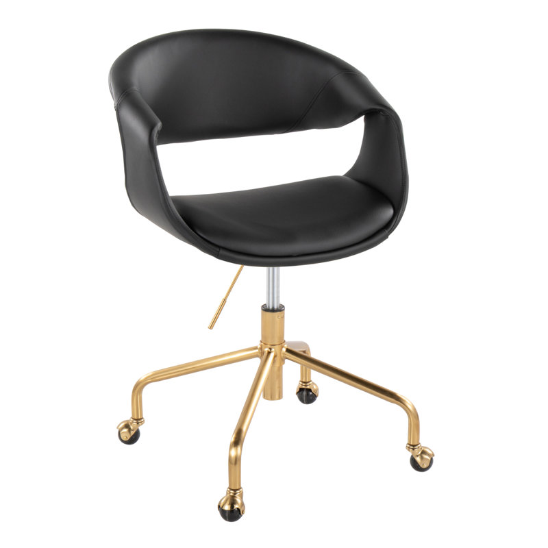 Chaise de travail en métal doré et similicuir noir, Noir