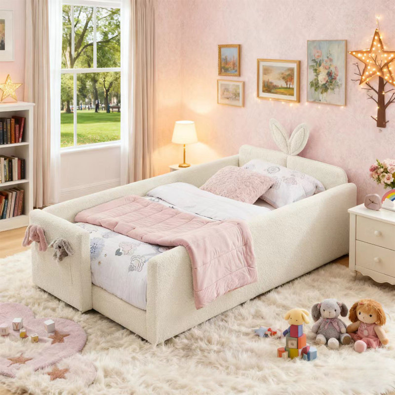 Upholstered Platform Bed With Rabbit Ear Shaped Headboard, Safety Rail, And Pocket, Soft Boucle Fabric, Beige