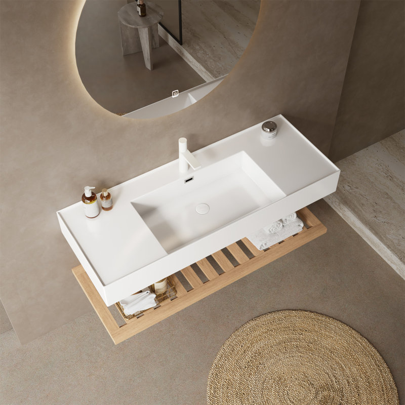 48" Bathroom Vanity With Vessel Sink, Wall-Mounted Floating White Rectangular Engineered Stone Basin Without Faucet, Striped Shelves Layer