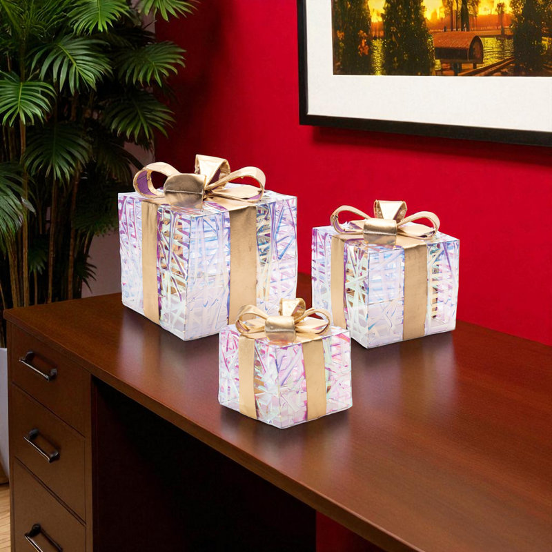 Ensemble de trois boîtes décoratives transparentes et dorées avec DEL