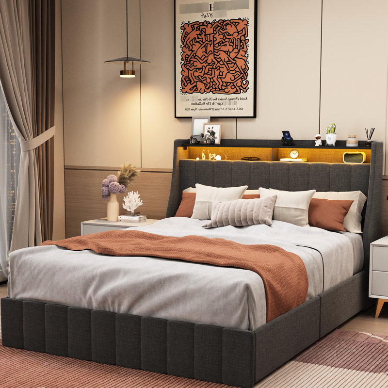 Lit lumineux à DEL avec rangement, gris foncé, 4 tiroirs de rangement et tête de lit en tissu - Gris