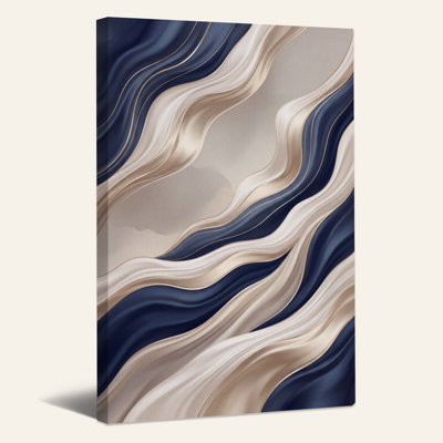 Toile abstraite, lignes ondulées bleu marine et beige