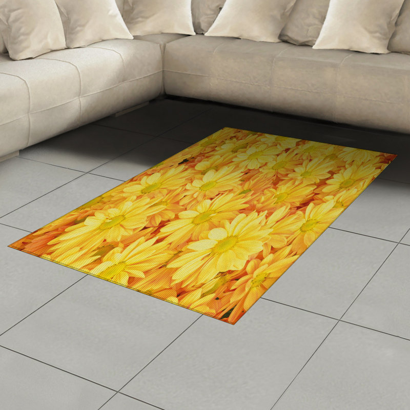 Yellow Flower High Density Long Fiber Poly Threads Decorative Area Rug Carpet, Rectangle 4' x 5'8"