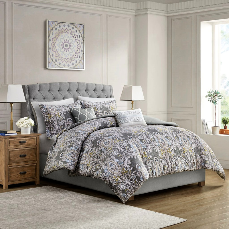 Housse de couette grise très grande en coton avec literie lavable et taies décoratives 5 pièces pour oreillers