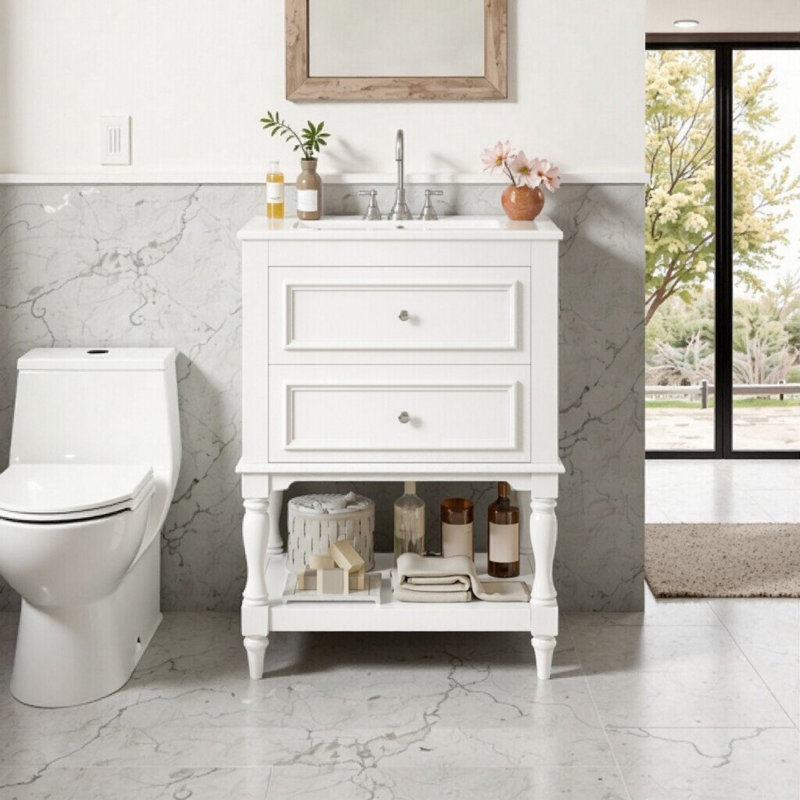 Meuble-lavabo simple 24 po avec lavabo en céramique, tablette ouverte, 2 tiroirs 24 po, 24", White