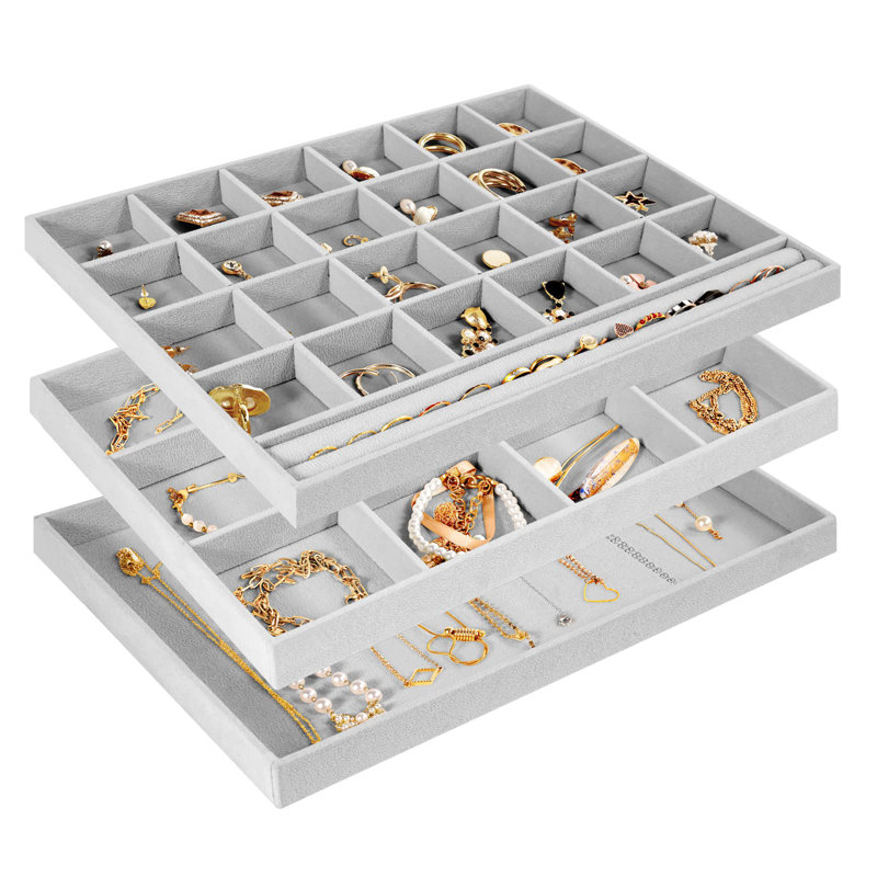 3 Stackable Jewellery Trays Organizer Set For Drawers, Jewellery Drawer Insert Divider Jewel Display Storage With Removable Dividers -Grey