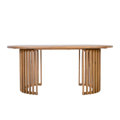 Light Teak Finish Solid Acacia Wood Oval Outdoor Dining Table, Unique Vertical Slatted Leg Design, 500 LBS Weight Capacity, Large Patio Dinner Table for Garden Pool Backyard