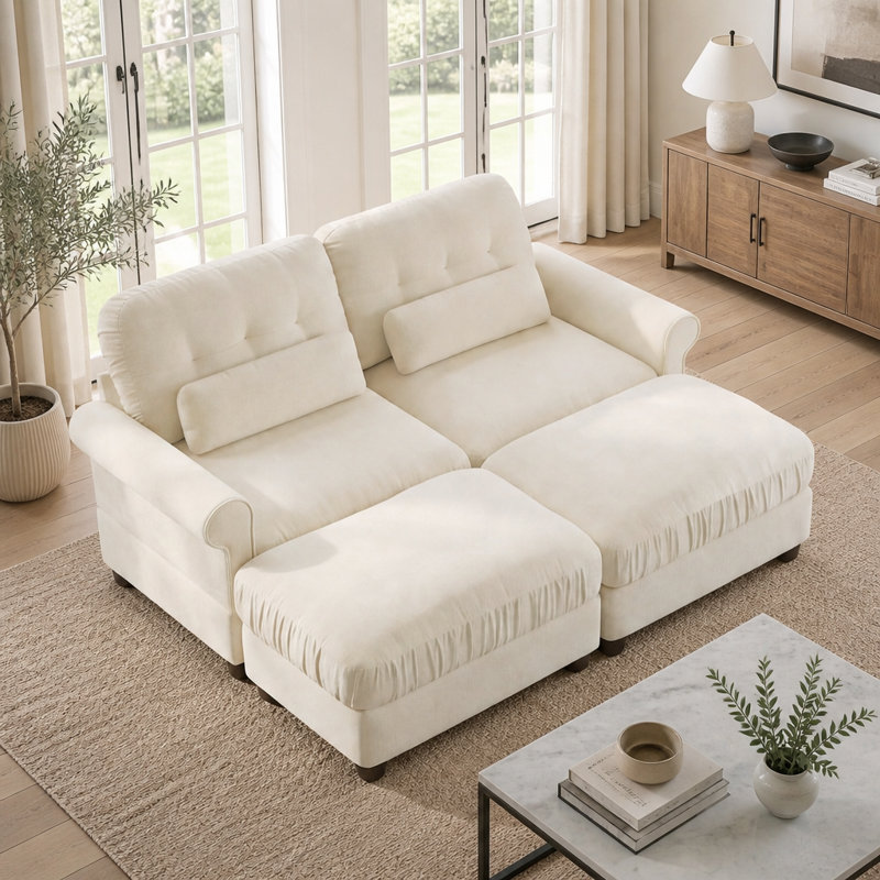 Canapé modulaire en chenille avec 2 repose-pieds et rebord à volants Chenille, Chenille beige