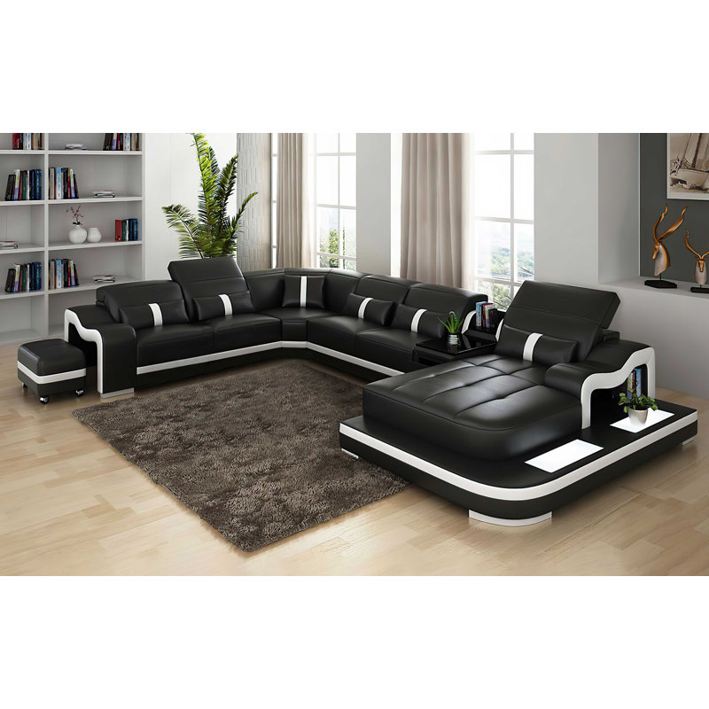 Linsee 168" Wide Leather Modular Sofa & Chaise with Ottoman, Left Hand Facing, Black/White Faux Leather