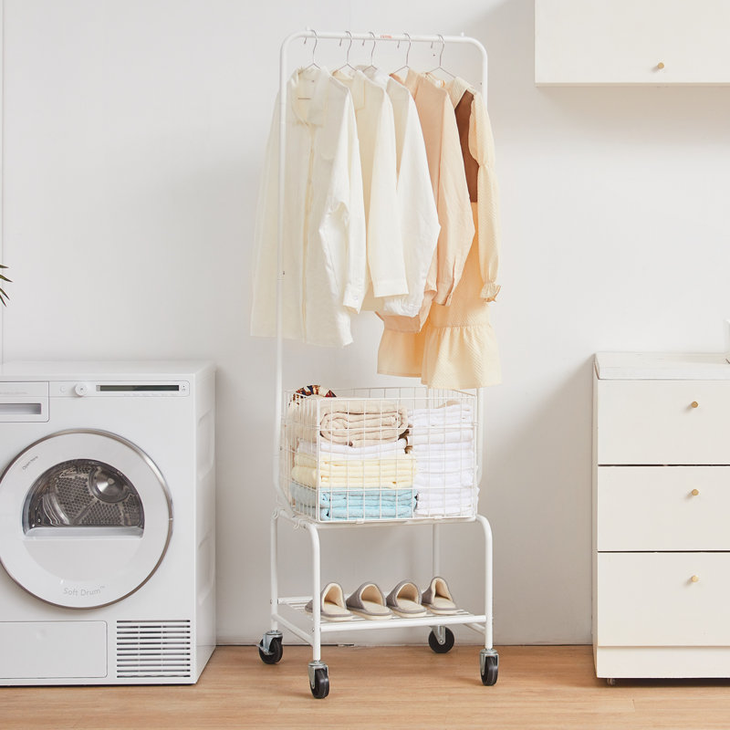 Metal Rolling Laundry Basket with Hanging Garment Rack, Height Adjustment Laundry Hamper Cart with Basket Load and Shelf Load, Storage Organizer with Heavy-Duty Lockable Wheels