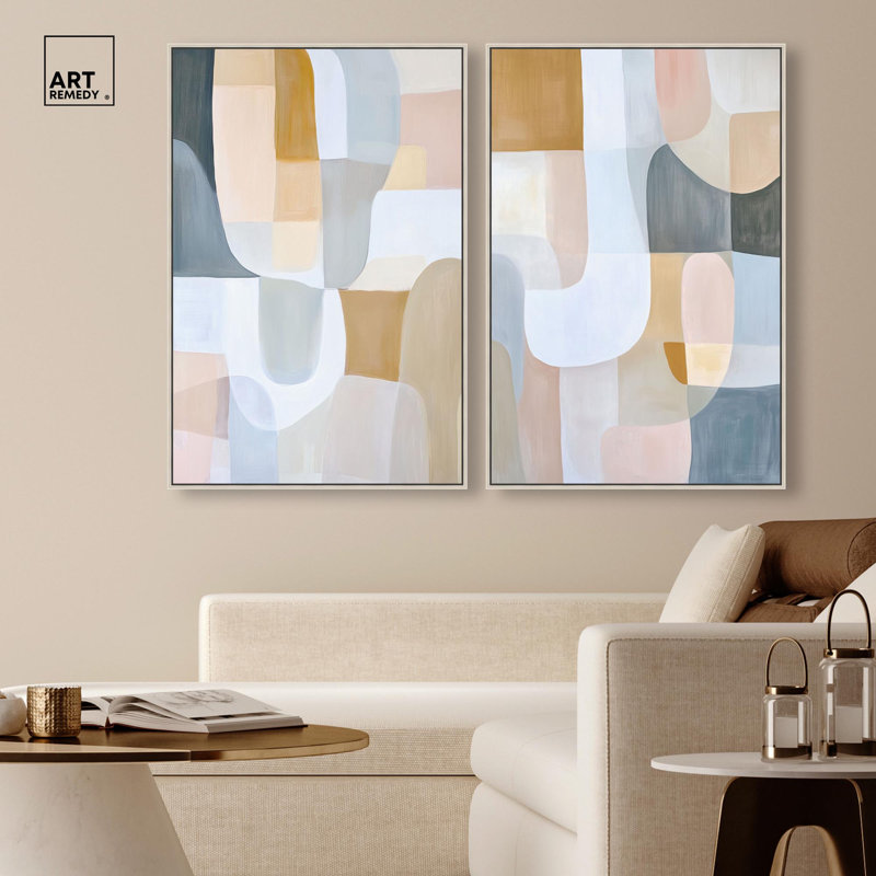 Ensemble de 2 reproductions sur toile Harmony , Argent argent, Impression dans un cadre flottant sans passe-parto