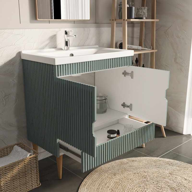 Meuble-lavabo large avec lavabo en céramique sahra sahra, Vert mer, 31"
