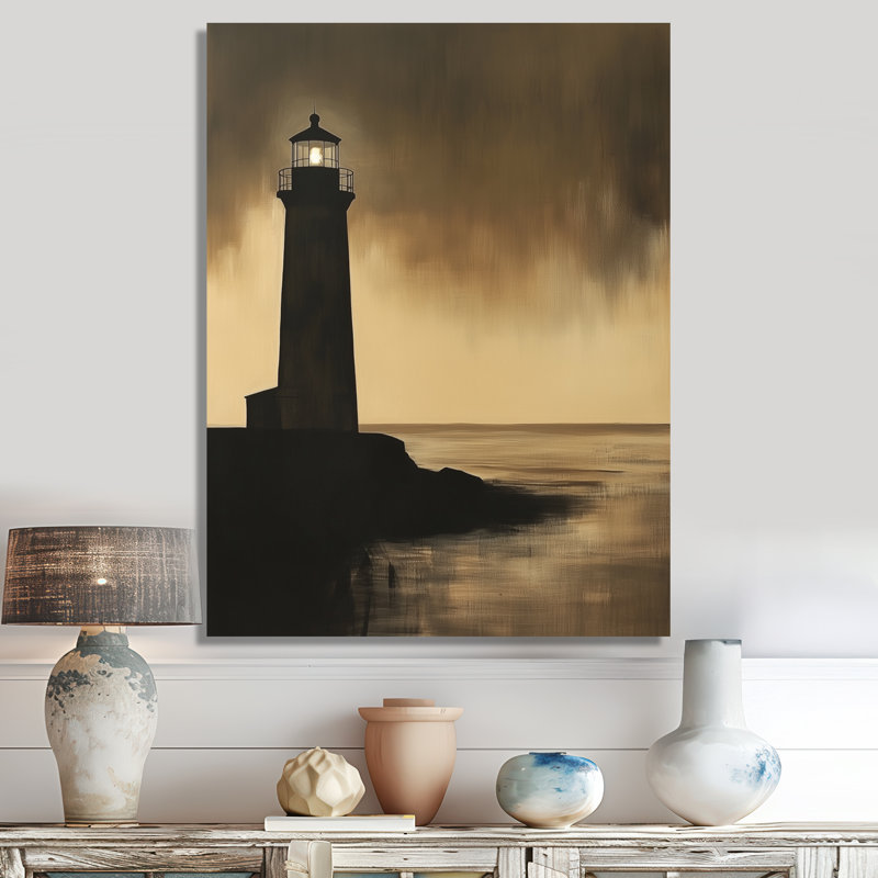 Phare du Crépuscule Doré III - Décoration murale encadrée sur le thème nautique, H 44 po x l 34 po, Toile tendue