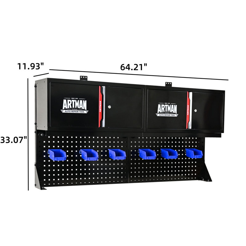 Wall Mounted Double Door Storage Tool Rack Cabinet With Hooks, Wall Mounted Stainless Steel Perforated Plate - Black And Red