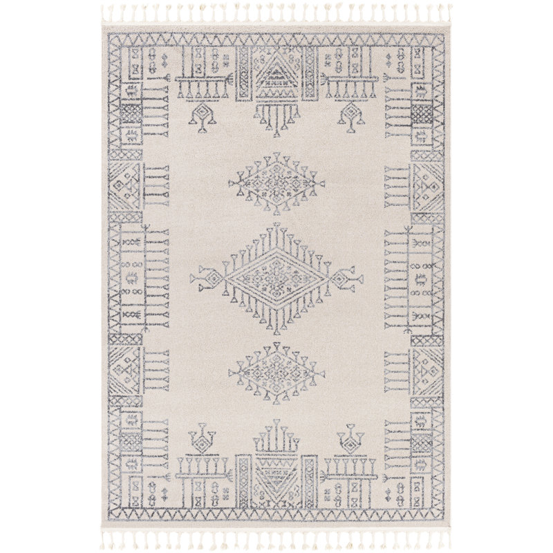 Tapis oriental bleu / crème, Rectangle 6 pi 7 po x 9 pi