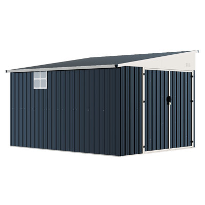 PLAUIN 10x8 FT Lean-to Storage Shed with Lockable Door, Reinforced Frame, Outdoor Metal Storage Shed with Sloped Roof, Ventilation Window, Folding Shelf, for Backyard, Patio, Lawn and Garage