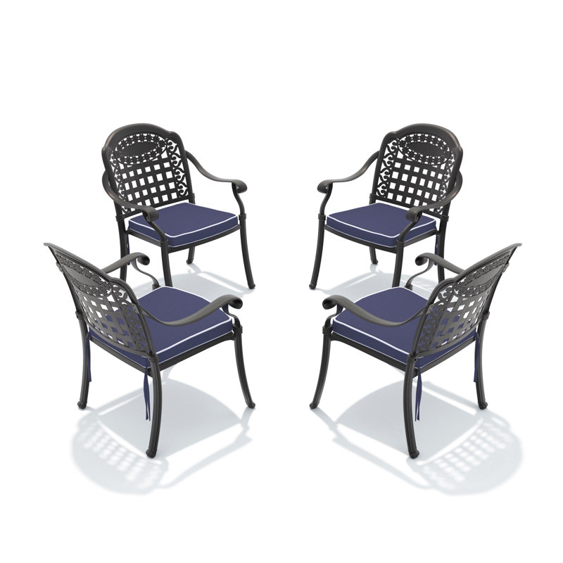Chaise de patio en fonte d'aluminium 4 pièces avec cadre noir et coussins bleus, 4, Bleu